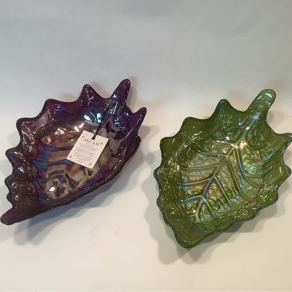 Akcam Glass Bowl Iridescent Frosted Leaf Shape Art Handmade Turkey Green Purple - Picture 2 of 14